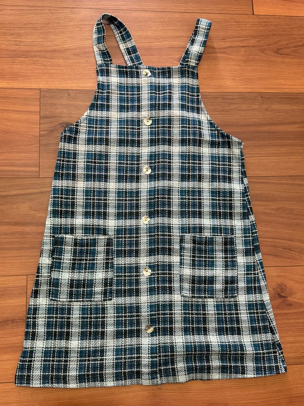 Girls Teal Plaid Button-Front Pinafore Dress